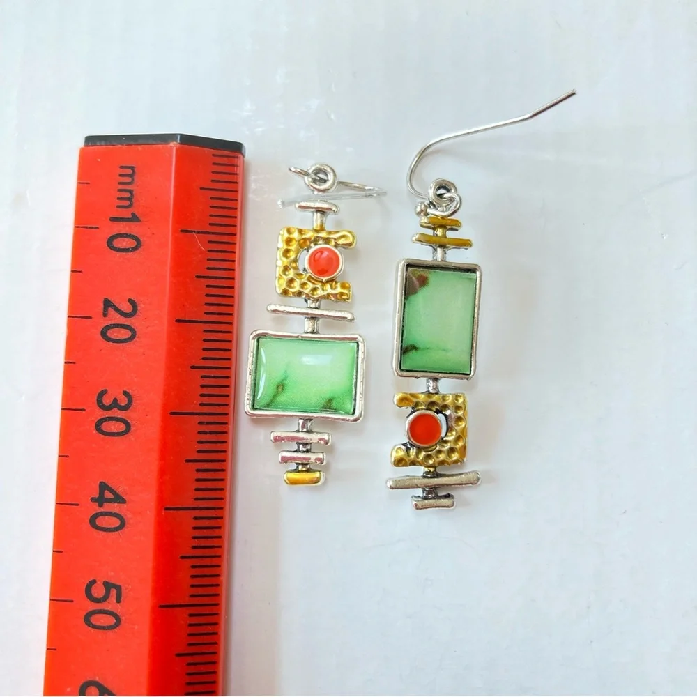 BNWT Green Onyx Marble Effect Geometric Silver Back Earrings - Chic & Versatile - Picture 5 of 10